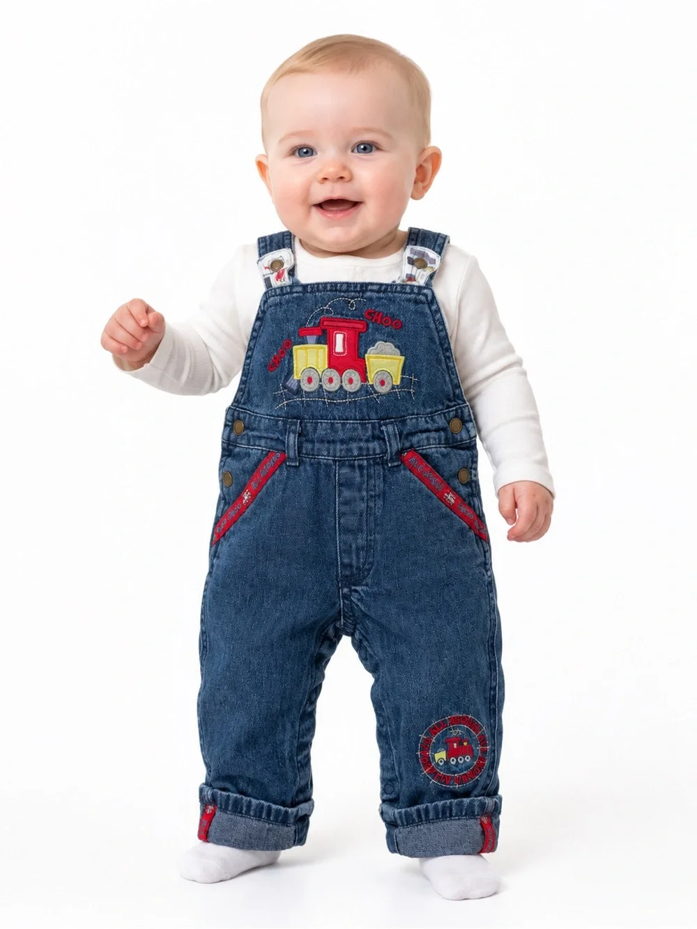 Vintage Y2K Koala Baby 3-6M Denim Train Overalls Embroidered Halloween Costume